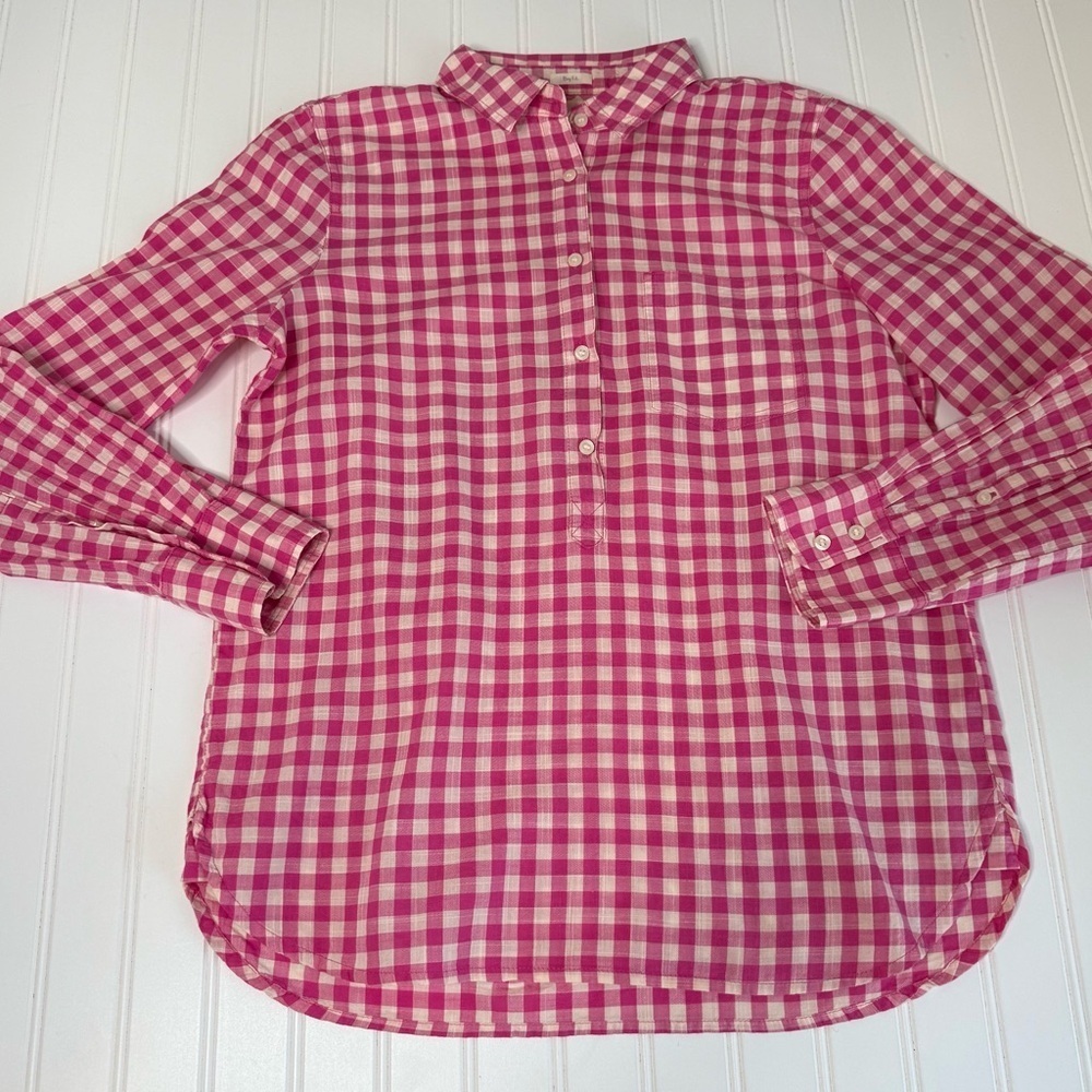 J.Crew Women Popover Shirt Boy Fit  Gauze Pink Gingham 1/2 Button Top Small 1450